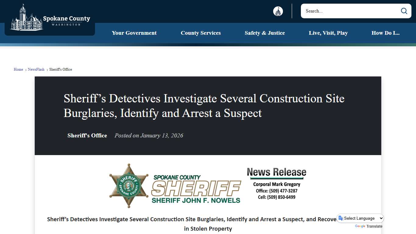 Sheriff’s Detectives Investigate Several Construction Site Burglaries, Identify and Arrest a Suspect • Spokane County, WA